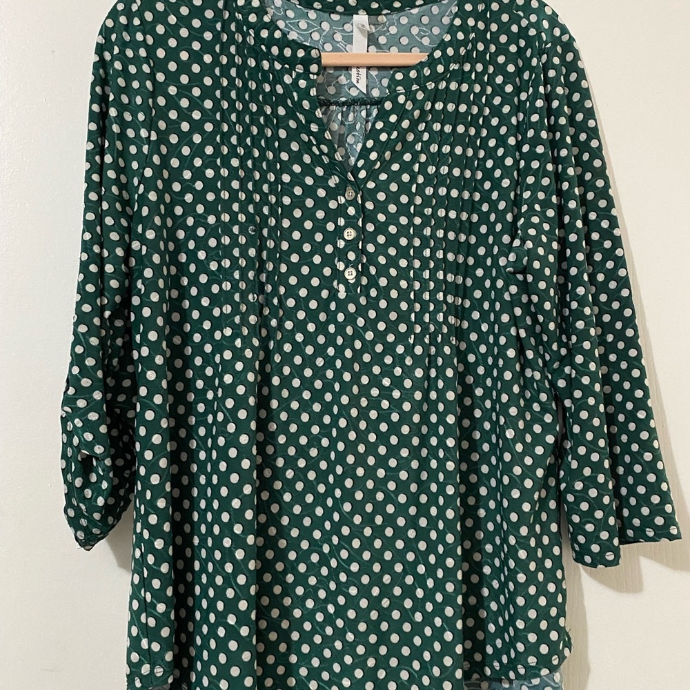 NY Collection Forest Green Polka Dot Blouse